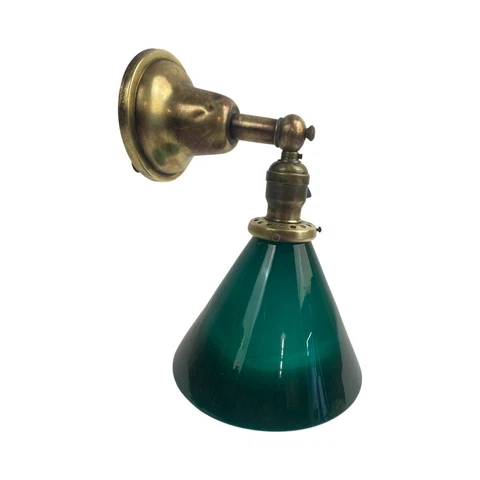 Antique Vintage Brass Sconce c1910 Emerald Green Cased Glass Shade Restored Cover
