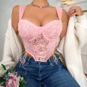Women Floral Embroidery Mesh Bustier Crop Top Sexy Underwire Out Going Cami - Picture 1 of 15