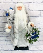 Standing Santa Claus 18" W/Gifts & Wreath Silver Robe Christmas Collectible