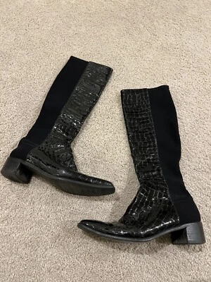 STUART WEITZMAN Black Alligator Patent Leather Block Heel Knee High Boots 8 - Image 1 of 4