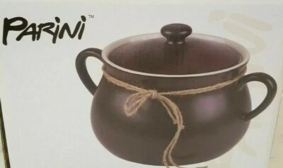 Olla de chile PARINI marrón y crema de cerámica de 5 cuartos de galón con tapa segura para horno con 4 tazones Foto 1 de 4