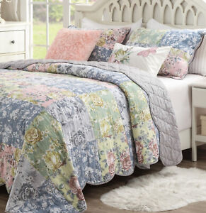 EMMA FLORAL 2pc Twin QUILT SET : COUNTRY COTTAGE PINK BLUE GREEN GREY REVERSIBLE