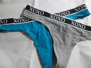 2 New XOXO Super Cute! Thong Panties Size XL Gray & Dark Aqua w/Logo Top Band - Picture 1 of 3