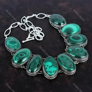 925 Sterling Silver Malachite Gemstone Vintage Handcrafted Sister Chain Necklace - Picture 1 of 7