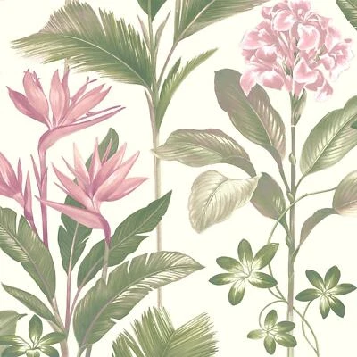 Belgravia Oliana Floral Tropical Palm Leaves Flowers Wallpaper - Green/Pink 8495 - Image 1 of 4