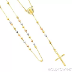 14K Yellow + White+ Rose Gold-2.5mm-Beads-Our-Lady-Guadalupe-Rosary-Necklace-18" - Picture 1 of 2