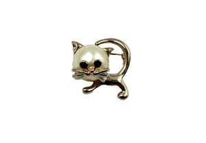 Chuns Very Cute Cat With Pearl Head Brooch Pin Fashion Black Gold Toned New - Picture 1 of 2