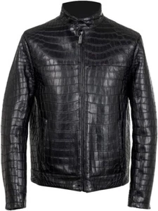 Mens Black Alligator Crocodile Pattern on genuine Lambskin leather Jacket - Picture 1 of 4