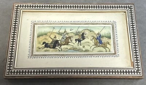 PERSISCHE MINIATUR HANDBEMALTES GEMÄLDE AUF KAMELKNOCHEN MIT MOSIAKRAHMEN - Bild 1 von 13