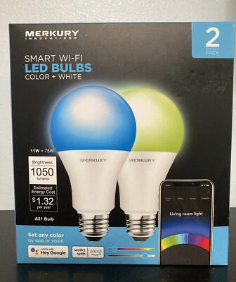 Merkury Innovations (A21) 75W SMART WI-FI Color + White LED BULBS 2 Pack. New. - Image 1 of 4