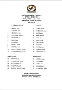 BLACKBURN BURNLEY CENTRAL LEAGUE CUP 15-11-24 TEAMSHEET - Picture 1 of 1