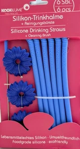 Silikon Trinkhalme + Reinigungsbürste 6 Stück Set Kochblume Strohhalme Cocktail - Bild 1 von 3