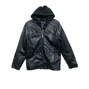 Urban Republic Black Zip Faux Leather Motorcycle Jacket Hood Boys Kids L 14 16 - Picture 1 of 12