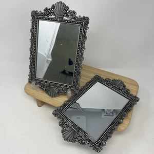 Vintage Ornate Metal Wall Mirrors Floral Design Set Of Two Velvet Back Frame - Picture 1 of 10