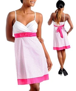 New Spaghetti Strap Dress Knee Length White Pink Polka Dots Print S M L Juniors - Picture 1 of 1