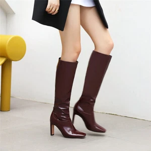 awinter knee high boots women's high heels long boots shoes square toe fashion - Picture 1 of 16