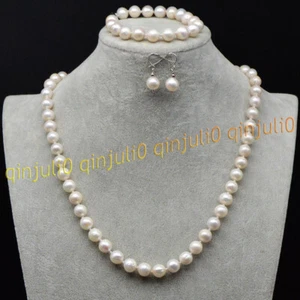 Conjunto de aretes collar de perlas barrocas blancas naturales de 9-10 mm del Mar del Sur de 18"" - Imagen 1 de 5