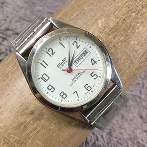 Vtg Sharp Men 257761 Fashion Day Date Silver Expansion Quartz 35mm Watch 7 1/4" - Picture 1 of 12