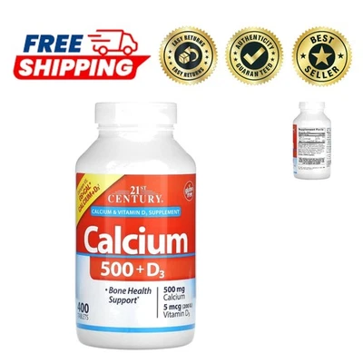 Cálcio sem glúten 500 mg + vitamina D3, 400 unidades, suplemento de bem-estar confiável - Imagem 1 de 3