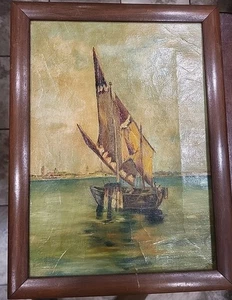 Antikes original signiertes Öl auf Leinwand Gemälde Hafen/Hafen, Segelboot Angeln - Bild 1 von 13