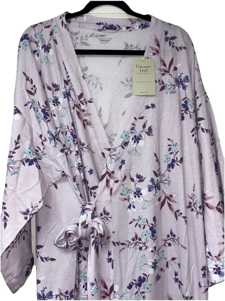 Garnet Hill цветочный кимоно халат фиолетовый зеленый хлопок большой азиатский надежном красивый новый с Ярлыками - Изображение 1 из 4