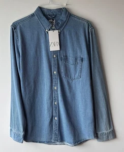 Mens Zara Blue Denim Chambray Button Down Shirt Shacked Breast Pocket  Size L - Picture 1 of 14