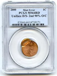 2000 PENNY PCGS MS64 RD UNIFACE DOUBLE STRUCK 2ND 90% OFF CENTER US MINT ERROR - Picture 1 of 2