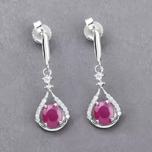 14k White Gold Natural Ruby and Diamonds Dainty Dangle Drop Earrings For Women - Picture 1 of 4