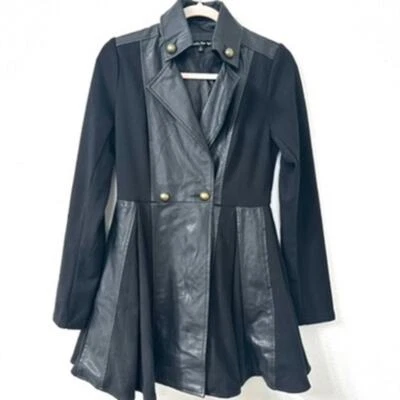 Double Zero Black Faux Leather Trimmed Military Style Coat Size S, Button Detail - Image 1 of 4