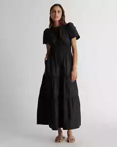 Maxi Vestido Mequince Negro Orgánico Algodón En Niveles Talla M Bolsillos Tela de Popelín para Mujer - Imagen 1 de 8