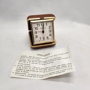 SETH THOMAS Glowing Travel Clock Folding Portable Alarm Wind Up. Tan Gold Works - Picture 1 of 13