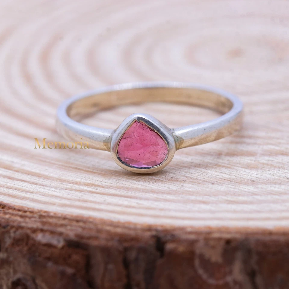925 Argento Massiccio Rosa Naturale Tormalina Gemma Anello Mano Gioielli per - Immagine 1 di 1