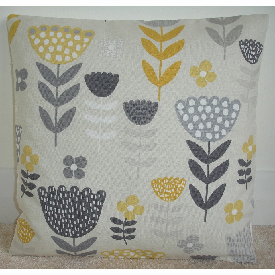 18" Cushion Cover Tulip Flowers Scandinavian Ochre Grey Mustard Yellow Nordic - Image 1 of 1