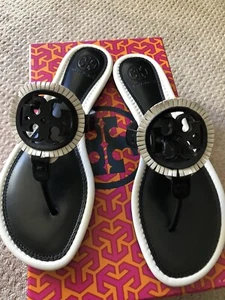 New Tory Burch Miller Fringe Size 9 Black Leather Sandals - Picture 1 of 7