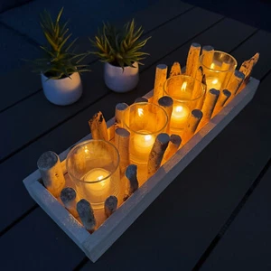 Teelichthalter, Kerzenständer aus Treibholz mit 4 Glaseinsätzen - Maritime Deko - Bild 1 von 4