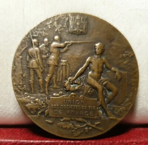 1907 BRONZE ART NOUVEAU 36mm MEDAL shooting intl Pau military preparation - Picture 1 of 2