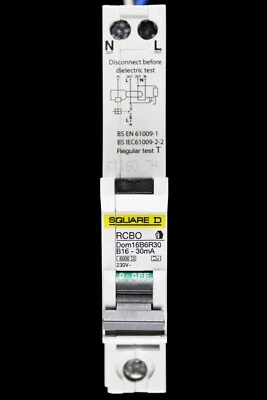 SQUARE D 16 AMP CURVE B 6kA 30mA RCBO TYPE A DOM16B6R30 - Image 1 of 4