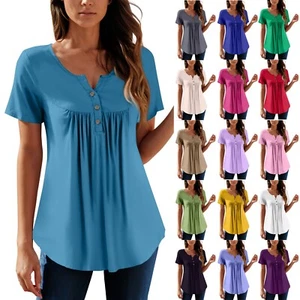 Women Tunic Tops Dressy Casual Summer Short Sleeve Shirts Loose Fit Pleated - Picture 1 of 60