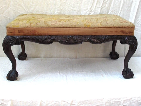Antique Carved Wood Ball and Claw Feet Long Upholstered Bench Cover