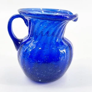 Vintage Hand Blown Cobalt Blue Creamer Pitcher Ribbed Glass Handle Fluted Top - Picture 1 of 8