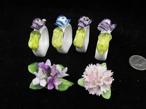 4 BONE CHINA FLORAL NAPKIN RING HOLDERS + ADDERLEY FLORAL BROACH + ENGLAND - Picture 1 of 3