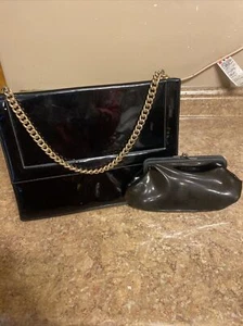 Bolso de mano Crown Lewis vintage años 60 charol negro bolso con solapa correa de cadena fabulosa - Imagen 1 de 11