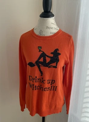 Suéter Halloween Drink Up Witches Halloween laranja preto design gráfico G - Imagem 1 de 4
