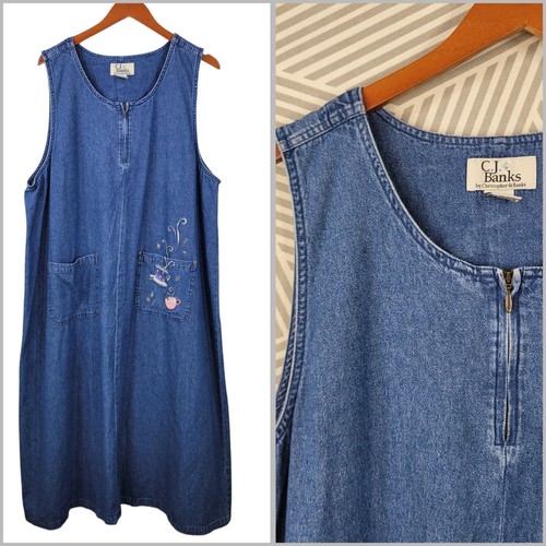 VETEMENTS Abito Completo Vintage Più 20W Blu Denim Jeans Ricamato Maxi Lungo Tazza Caffè