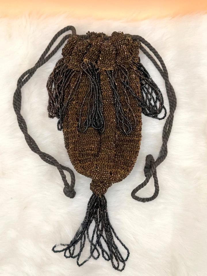 Antique Victorian Brown/Copper Beaded Drawstring Reticule Pouch Bag   - Image 1 of 4