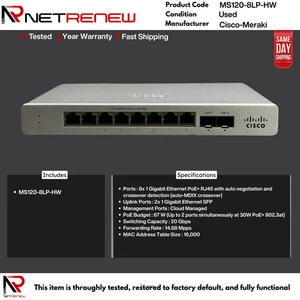 Cisco MS120-8LP-HW 8x puertos PoE+ administrados en la nube 2x conmutador de enlaces ascendentes SFP - Imagen 1 de 1