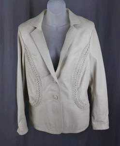 Barbara Katz Beige Leather Front Button Long Sleeve Lined Jacket Blazer Large - Picture 1 of 3