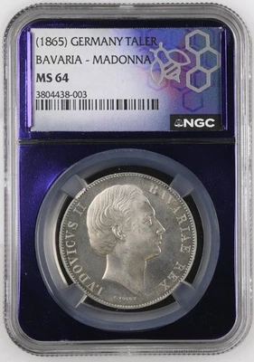 1865 ESTADOS ALEMANES Plata 1 THALER NGC MS-64 Núcleo Púrpura Baviera - Madonna Foto 1 de 2