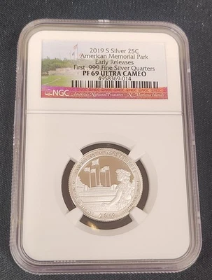 2019 S  American Memorial Park PF69 ULTRA CAMEO .999 Silver Quarter Early NGC - Image 1 of 2