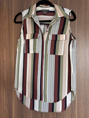 PRIMARK Buttoned Shirt Top Size 8 Multi Striped Collar Sleeveless Work Casual - Image 1 of 4